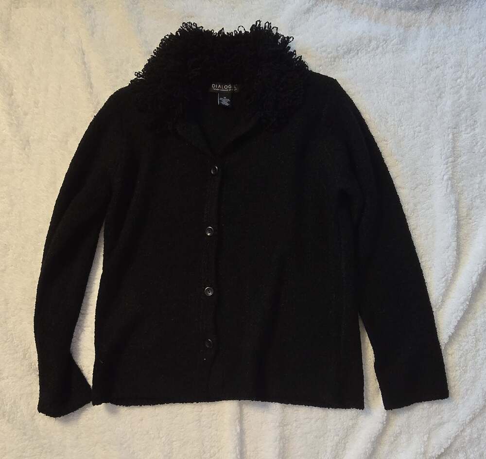 DIALOGUE Vintage 90s Y2K Black Button-Up Cardigan with Furry Collar Size M